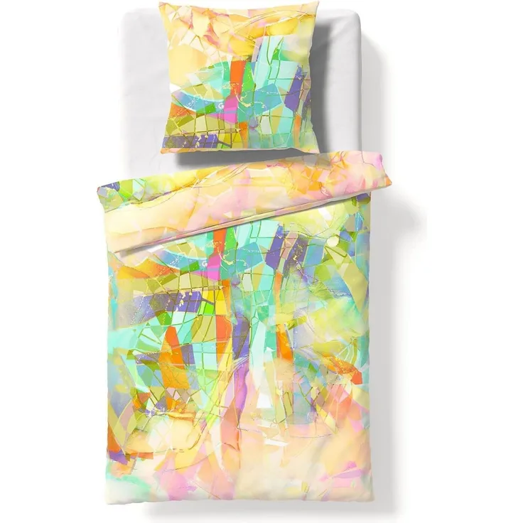 Fleuresse Mako-Satin Bettwäsche 200x220 Abstrakt Streifen Karo gelb bunt 115058-9