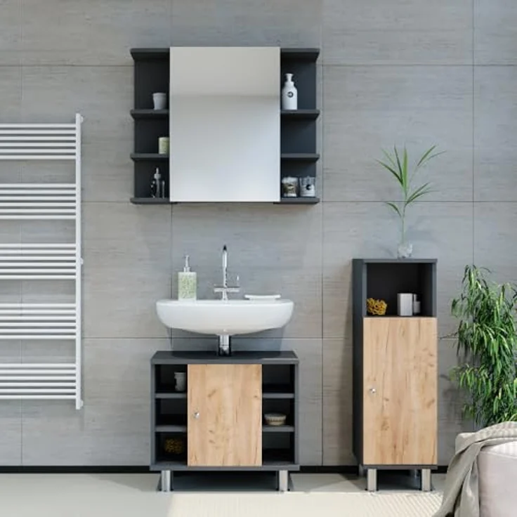 Vichy Badmöbelset Fynn, 3-teiliges Badspiegelschrank-Set mit Midischrank, Anthrazit/Goldkraft Eiche, umfangreicher Stauraum – Bild 4