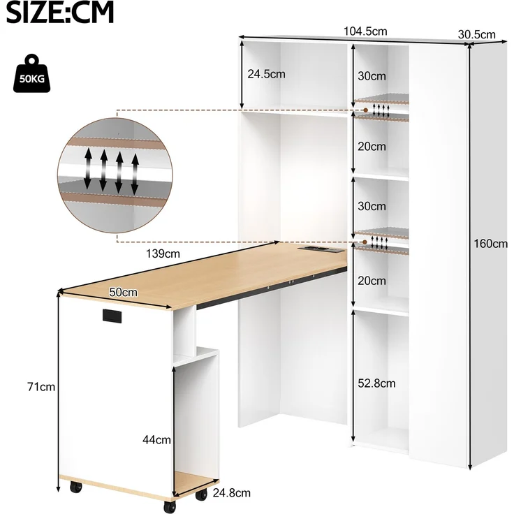Klappbarer Schreibtisch mit Ablagen –2-in-1-Bücherregal und Schreibtisch, klappbar, mit Steckdose und USB-Anschluss, höhenverstellbare Ablagen, Kippschutz, weiß-Schreibtisch,Eck-Schreibtisch-rechts – Bild 7