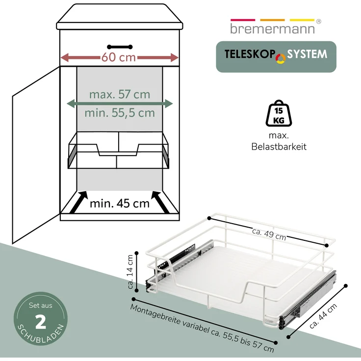Teleskopschubladen 2er Set - für 60 cm Schrank mit Einlegeboden, aus Metall, (Weiß) – Bild 7