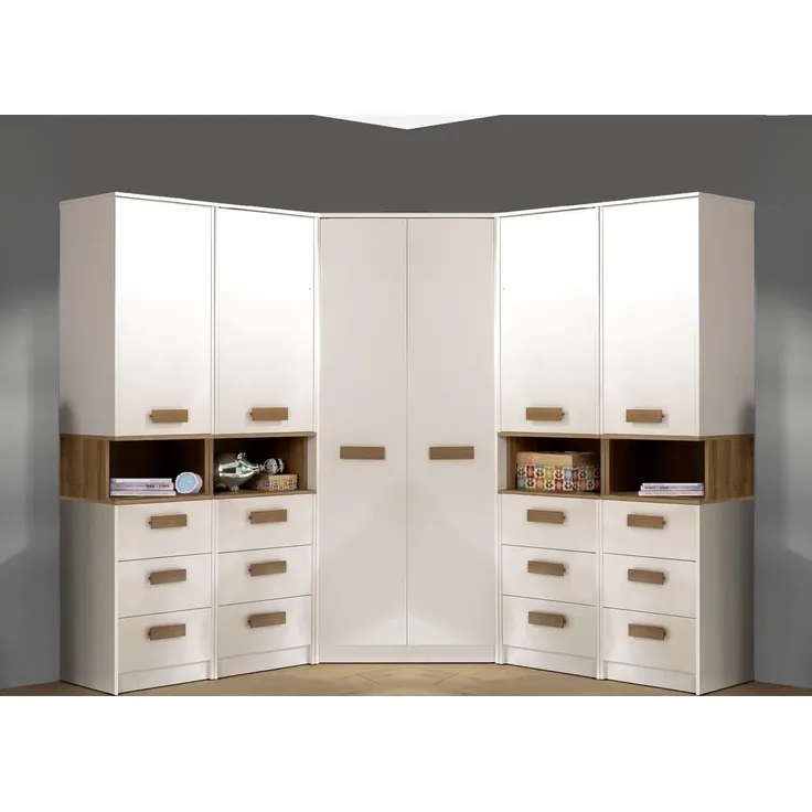 Marmex Möbel Grant Set-41B Eckkleiderschrank – Großes Möbelset für Schlafzimmer, laminierte Spanplatte, weiß + riviera Eiche, 195/195x195x40 cm