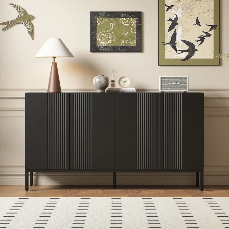Merax Modernes Sideboard, Kommode, mit einzigartiger Linie, 4-türig, grifflose Tür, für Esszimmer, Wohnzimmer und Küche (Schwarz) – Bild 1