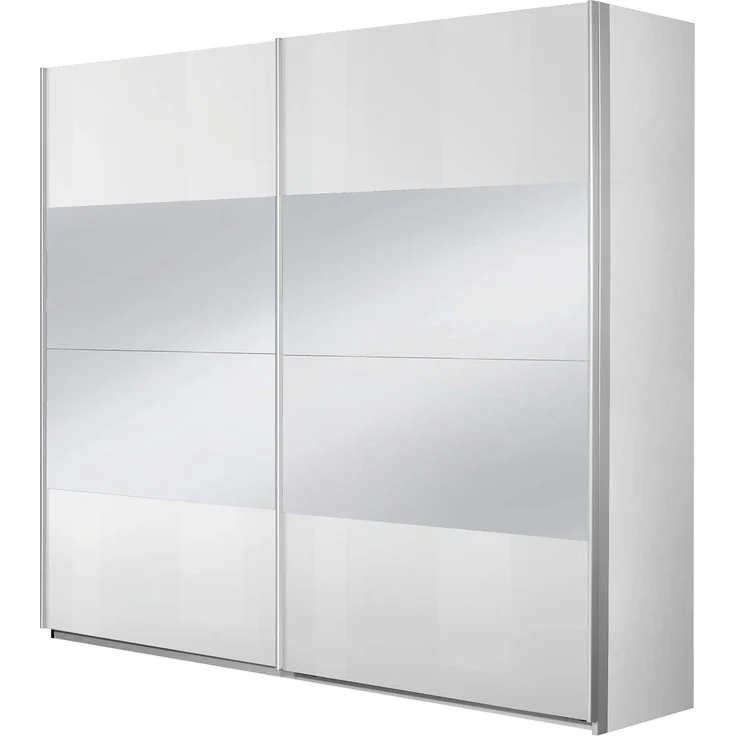 Rauch Möbel Imposa Kleiderschrank/Schwebetürenschrank mit Spiegel, 3 Einlegeböden, 3 Kleiderstangen, 2-türig, Hochglanz weiß/Alpinweiß, 226 x 62 x 210 cm