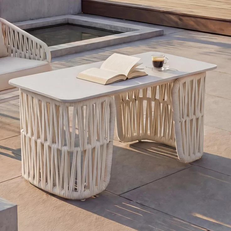 Loungetisch HWC-P90, Gartentisch Balkontisch Outdoor, Seilgeflecht Rope Sinterstein 43x90x45cm ~ creme, Platte creme
