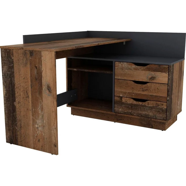 byLIVING Winkelschreibtisch BELFAST / Rechts oder Links montierbar / 3 Schubkästen / Old Wood-Optik - anthrazit /Bürotisch / Eckschreibtisch / Schreibtisch / B 129, H 83,5, T 105 cm