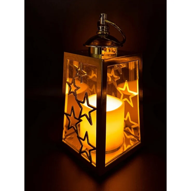 Online-Fuchs LED Laterne im 3er Set mit LED-Kerzen, Timer und Sternen verziert - Outdoor, Dauerleuchten oder Flackereffekt wählbar, warmweiße LED-Flamme, Dekoration für Herbst, Winter und Weihnachten – Bild 3