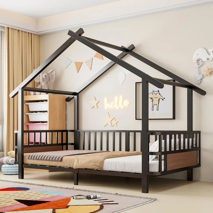 Kinderbett aus Metall in Hausform, 90 x 200 cm, mit Sicherheitsgitter, Dachdesign und dekorativem Rahmen, für Jungen und Mädchen, Schwarz