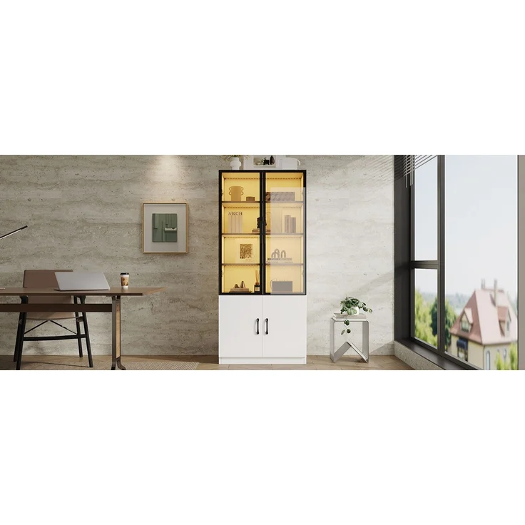 ZUBALIYA 60×40×160 cm große Vitrine mit LED-Beleuchtung – Vitrine aus Rauchglas mit Aluminiumrahmen und zwei Türen im unteren Bereich, Bücherregal, Vitrine,Sideboard – Bild 20