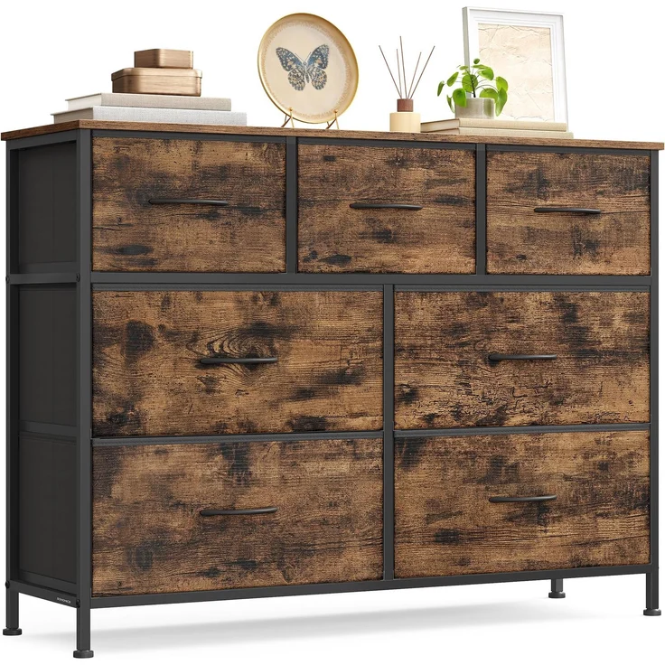 SONGMICS Kommode, Schrank, 7 Stoffschubladen, Aufbewahrungsschrank, Stahl, MDF, Vliesstoff, für Schlafzimmer, Flur, Wohnzimmer, vintagebraun-tintenschwarz LGS323BH04