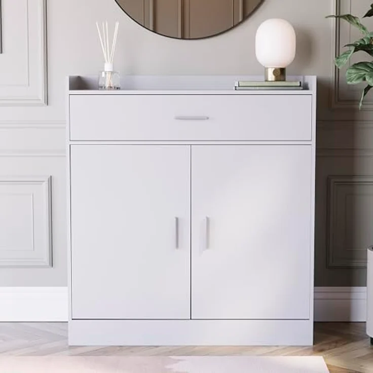 Vida Designs -Dalby Moderner Schuhschrank, 2-türig, 1 Schublade, Flur Schrank Stauraumorganisation Schuhständer Regal Holz Sideboard-Einheit, Weiß, 90 x 34 x 83 – Bild 2