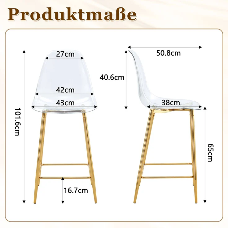 Transparente Barhocker Set, 2er Pack, mit Metallgestell in Silber/Gold/Schwarz, Moderne Design-Stühle für Küche, Bar oder Esszimmer (Nur Stühle, ohne Tisch)--Gold2--51x45x102cm--YOUDENOVA – Bild 4
