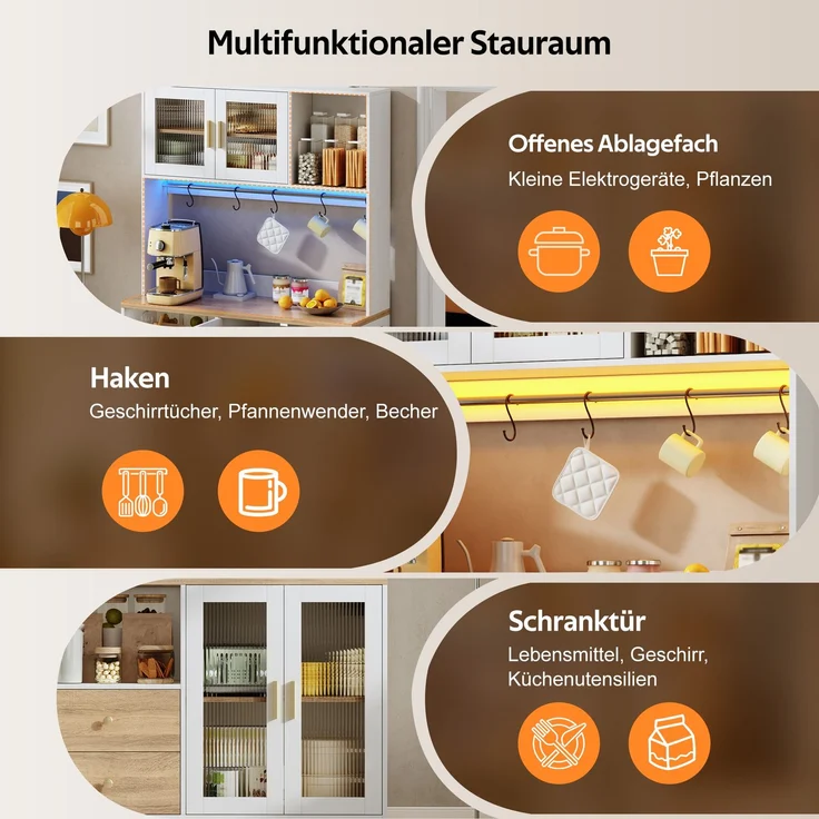 178 cm Küchenschrank, Hochschrank mit LED, Küchenregal mit Steckdose, Vitrine mit Türen aus gehärtetem Glas, Weinregal, Weiß mit Holzoptik verstärkter Arbeitsplatte--Natur + Weiß--110x40x178cm--YOUDENOVA – Bild 6