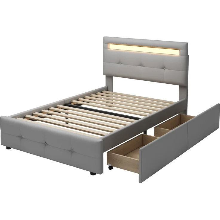 Polsterbett 90x200 cm mit LED-Beleuchtung und Schubladen – klassisches Design, höhenverstellbares Kopfteil – Bild 8