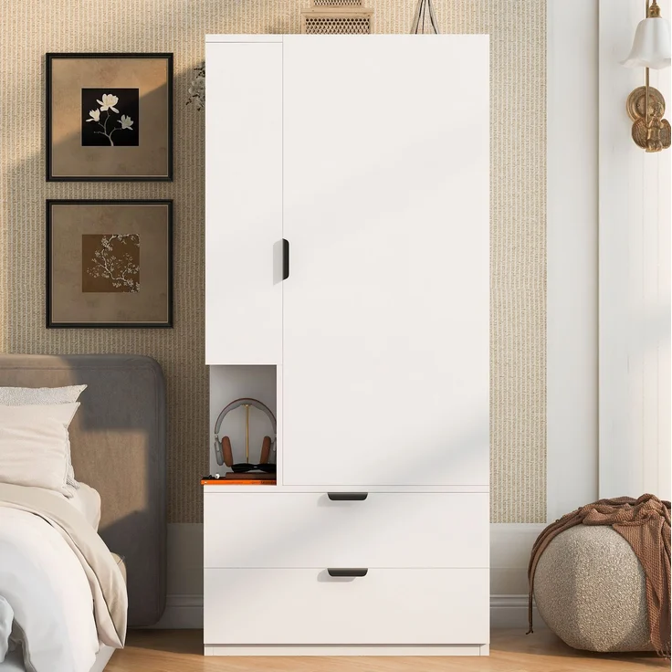 Kleiderschrank 70 x 50 x 170 cm mit offenen Ablagefächern und zwei Schubladen, Weiß und Holzfarbe – Bild 3