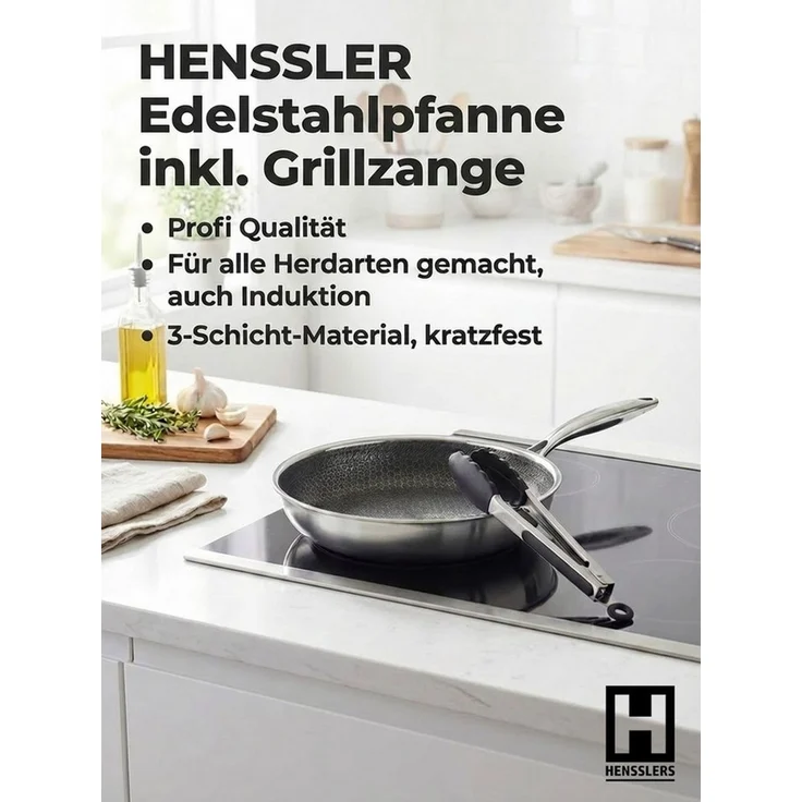 HENSSLERS Bratpfanne Premium, inklusive Grillzange, Edelstahl (Set, 2-tlg) – Bild 1