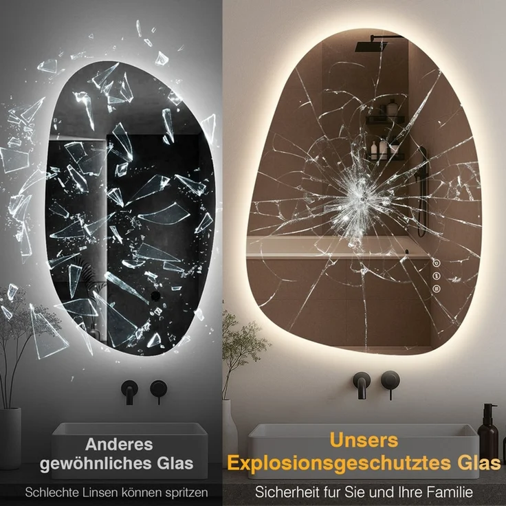 Pesenxan Asymmetrischer LED Badspiegel 83x60 cm, rahmenloses Design, 3 Lichtfarben dimmbar & Memory-Funktion, Anti-Beschlag Technologie, Touch-Steuerung & Wandschalter kompatibel, IP44, für Badezimmer, Schlafzimmer & Friseursalon, Silber – Bild 6