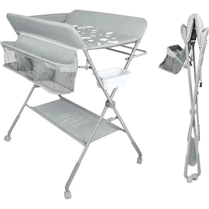 mobiler Wickeltisch mit Wickelaufsatz, Wickelkommode klappbar höhenverstellbar, Wickelkombi mit Sicherheitsgurt Aufbewahrungskorb Kleiderstange-80 * 58 * 90 cm-hellgrau – Bild 1