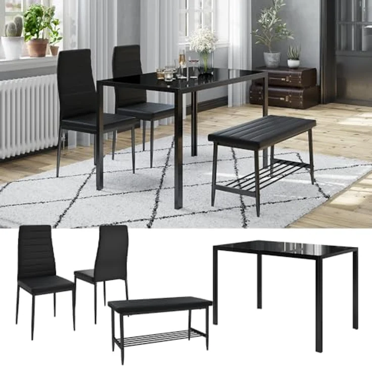 Vicco Esstisch-Set Grand, Schwarz, Rechteckiger Tisch 120x75x70 cm aus Glas und Metall mit Kunstlederbänken und Stühlen – Bild 2