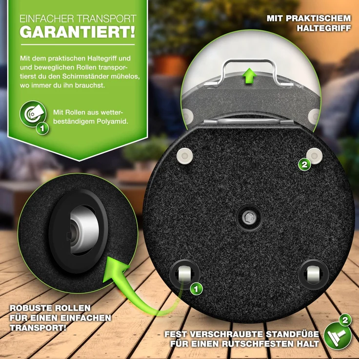 tillvex® Granit Sonnenschirmständer mit Rollen & Teleskopgriff Anthrazit - 27 kg Rund | Schirmständer Sonnenschirm mit Edelstahlrohr | Balkonschirmständer für Schirmstöcke 16-48 mm & 300 cm Schirmdurchmesser – Bild 4