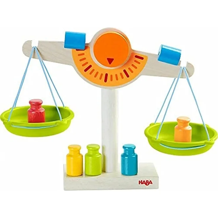 HABA 302639 - Kaufladen-Waage | Waage für Kaufmannsladen aus Holz mit zwei Waagschalen aus Kunststoff, 5 Messgewichten und 2 Ausgleichsgewichten | Spielzeug ab 3 Jahren