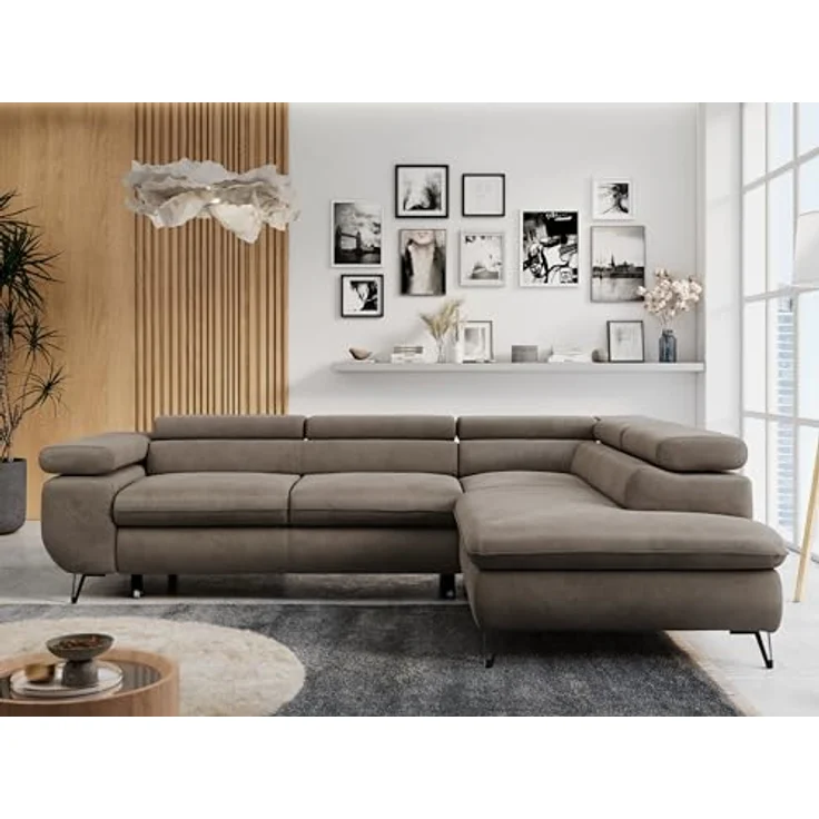 Mks Möbel 'Peter L-form' Ecksofa mit Bettfunktion, Bettkasten & einstellbaren Kopfstützen, Braun, Velours, rechts – Bild 3
