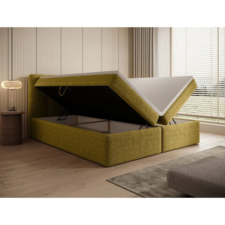 thematys Boxbett Luxus mit Bettkasten 160x200cm, mit Bonnellfederkernmatratze H3, Bouclé/Velours, mit Stauraum, mit 3 cm Topper, Gelb (Frotte 8), Art.-Nr. S0WGG0AN00I – Bild 5