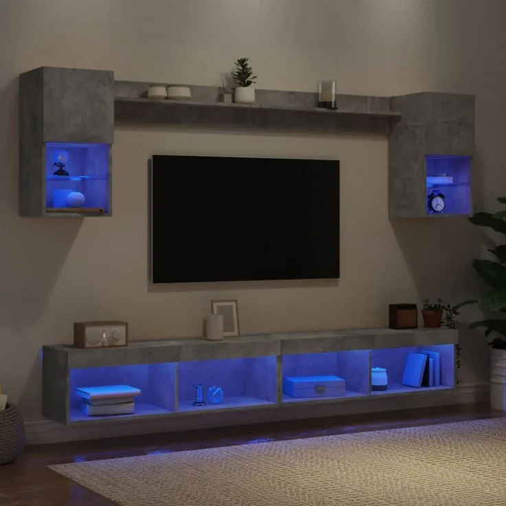 vidaXL 6-tlg. Wohnwand mit LED-Beleuchtung Betongrau Holzwerkstoff 3216689