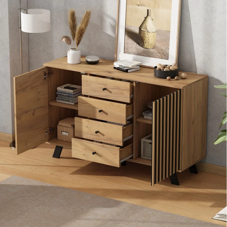 DESVIAE Sideboard mit 4 Schubladen und 2 Schränken 120x75x38 cm MDF Schwarz/Naturholz – Bild 2