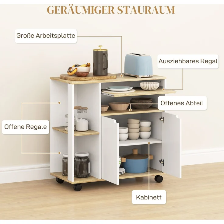 HOMCOM Küchenwagen, MDF, Naturholz+Weiß, 80L x 40B x 82H cm – Bild 4