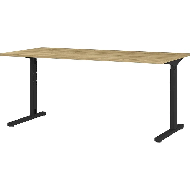 GERMANIA DIE MÖBELMACHER Mechanisch höheneinstellbarer Schreibtisch, für ergonomisches Arbeiten, ideal für Home Office, in Eiche/Schwarz, 160 x 80 x 80 cm (BxHxT)