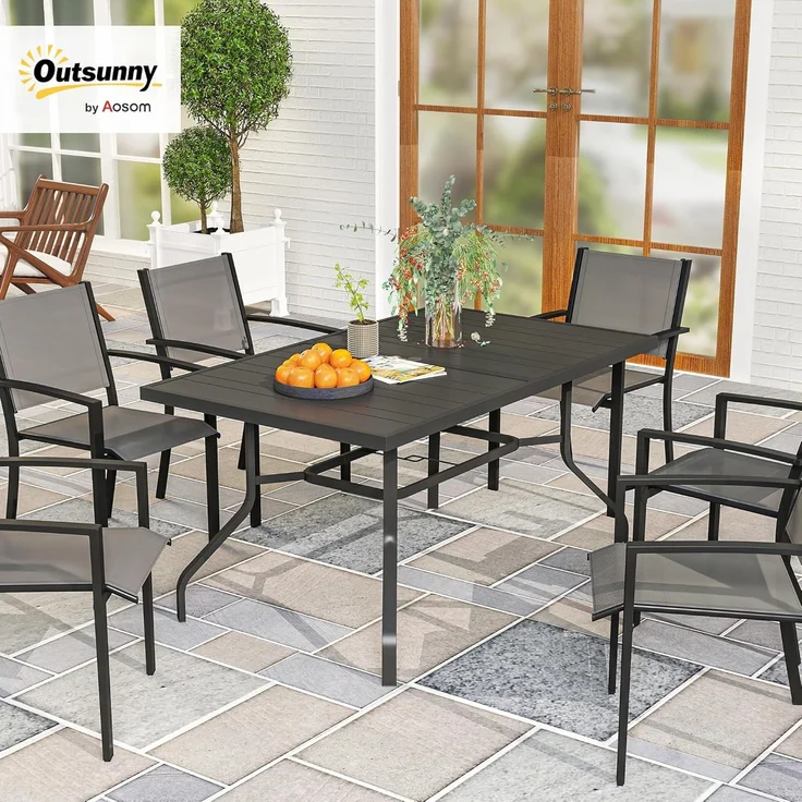 Outsunny Gartentisch mit Schirmloch, Latten-Design (wetterfest Balkontisch, 1-St, rechteckig Beistelltisch), 152 x 90 cm, für Garten, Balkon, Schwarz – Bild 2