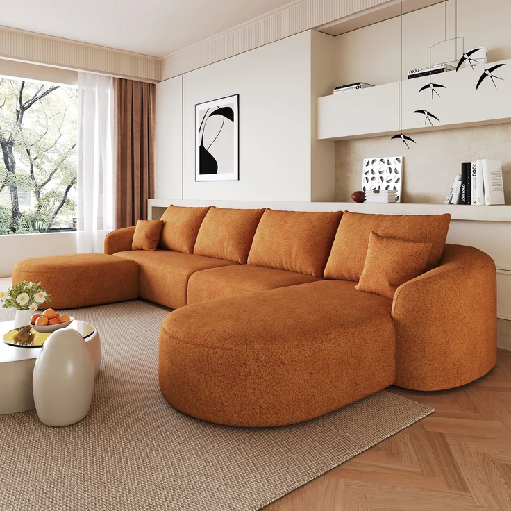 U-förmiges Ecksofa 336×168×85 cm in Orange aus Chenille-Stoff, modular und montagefrei – Bild 2