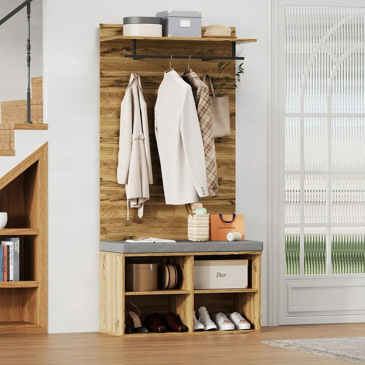 175 cm hohes Garderobenset in Holzoptik mit Schuhbank, verstellbarem Regal, Kleiderstange und Polster – 84 x 32 cm – Praktische Flurmöbel--Eiche--97.79x41.91x13.34cm--YOUDENOVA – Bild 2
