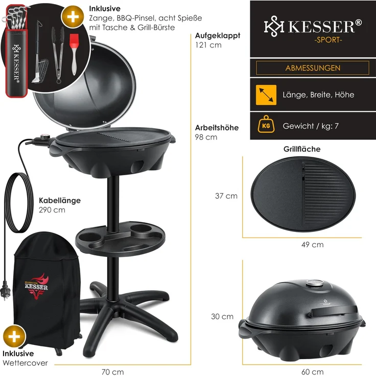 KESSER® elektrischer Elektrogrill 2in1 Tischgrill - Standgrill mit Deckel Standfuß | max. 2400 Watt Thermometer | Antihaftbeschichtung | XXL Grillplatte | integrierte Ablagefläche Elektro-Säulengrill Schwarz - Set – Bild 8