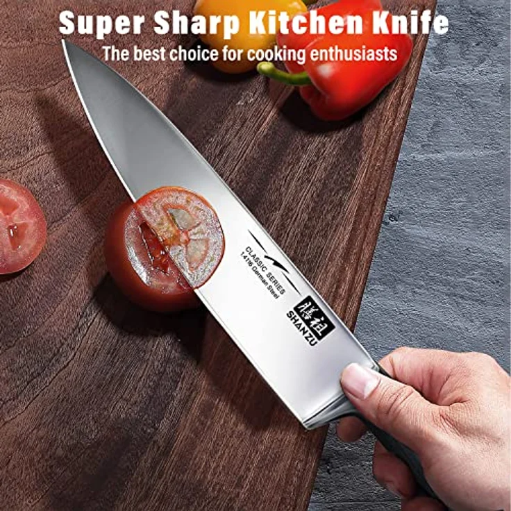 SHAN ZU Kochmesser Deutscher Edelstahl 20cm Küchenmesser Extra Scharfe Messerklinge mit ergonomischer Griff Exquisiter Geschenkverpackung – Bild 5