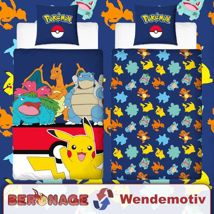 BERONAGE Kinderbettwäsche Pokemon Bettwäsche Pikachu Glurak Bisaflor Turtok Linon / Renforcé, 100% Baumwolle, 135x200 + 80x80 cm – Bild 6