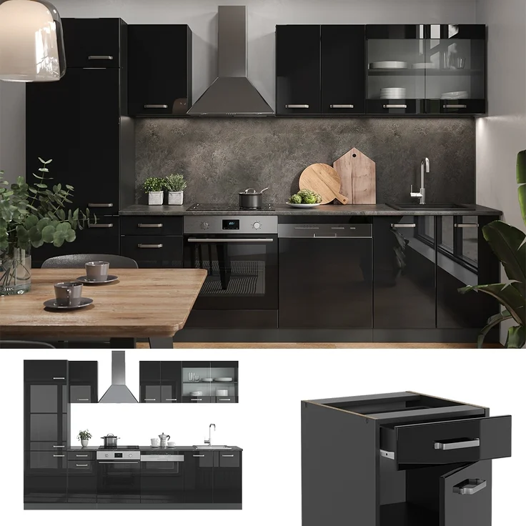 Küchenzeile R-Line Schwarz Hochglanz/Anthrazit 300 cm ohne Arbeitsplatte Vicco – Bild 2