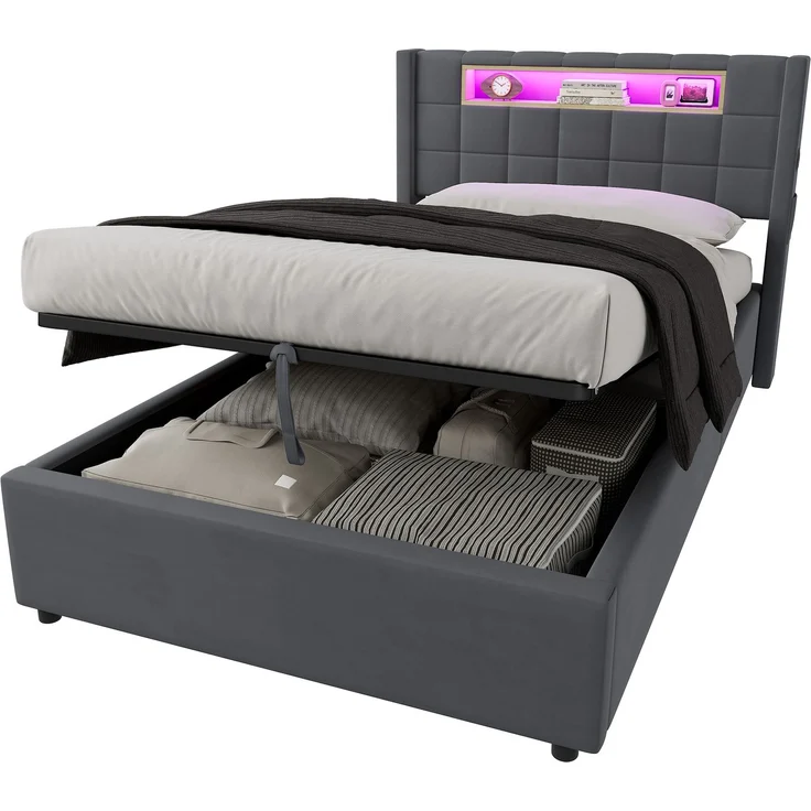 Polsterbett 90x200 cm mit hydraulischem Stauraum, LED-Beleuchtung und USB-Anschlüssen – Ohne Matratze – Bild 7