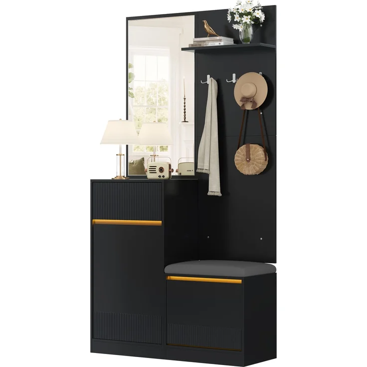 Kompaktgarderobe 105 x 38 x 190 cm in Schwarz mit Spiegel, Sitzbank und LED-Beleuchtung – Bild 5