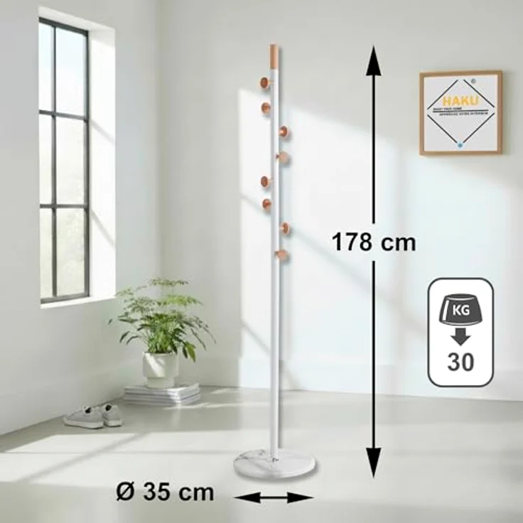 HAKU Möbel Garderobenständer Natur, weiß, Marmor, Massivholz, Metall - Maße: H 178 cm x Ø 35 cm, Style: Modern – Bild 5