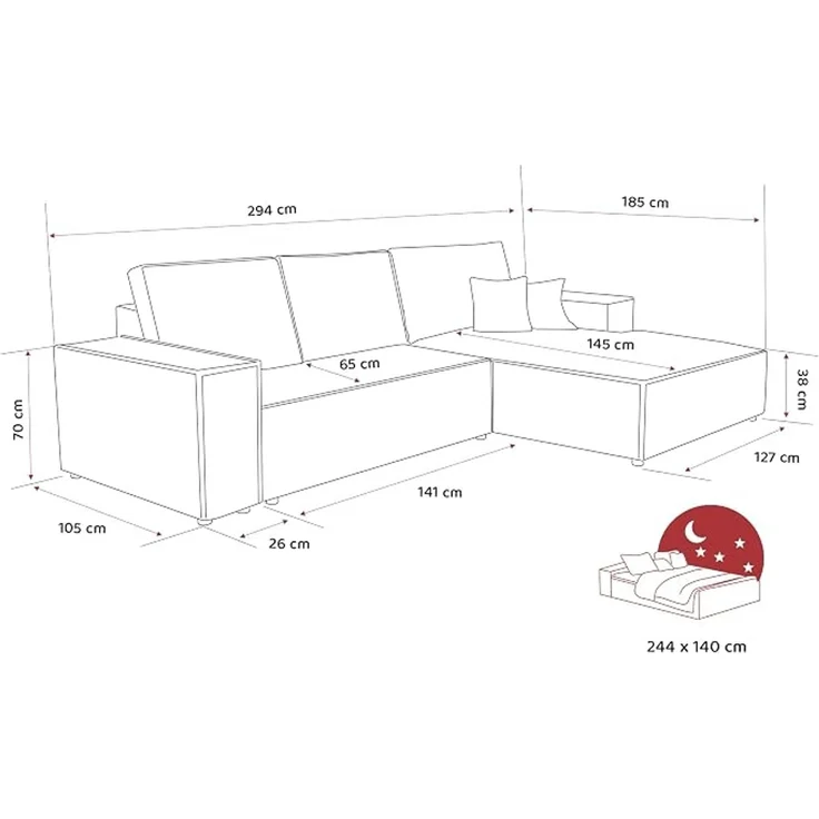 Ecksofa (Ausrichtung rechts) mit Schlaffunktion und Bettkasten, 294x185 cm, Kiefernholz & MDF, DL-Auszugsmechanismus, Kaffeefarben – Bild 3