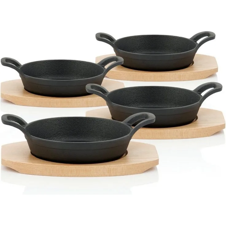 BBQ-Toro Servierpfanne Servierpfännchen mit Holzunterlage (4 Stück), Ø 16, Gusseisen