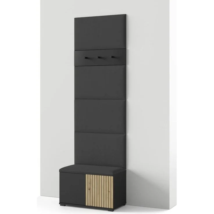 Garderoben-Set Rosario Version 6 mit Lamellen, mit Polsterplatten und Schuhschrank (Schwarz / Eiche Artisan, Trinity 16), 225 x 40 x 70 cm – Bild 1