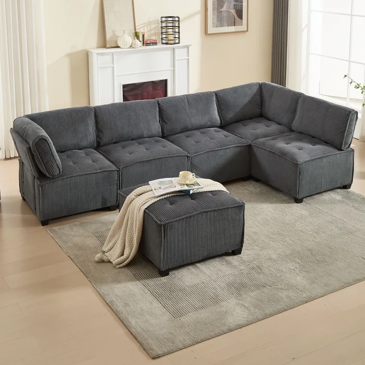 Modulares 6-Sitzer Cord-Sofa, grau, frei kombinierbar, 308x154x82 cm