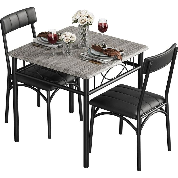 IDEALHOUSE 3-Teiliges Esszimmer Set Für 2 Personen, Esstisch&2 Gepolsterte Stühle, Platzsparend Esszimmermöbel-Set, Metall Und Holz, Stabil, Tisch Essgruppe Mit 2 Stühlen Für Kleine Räume, Küche-Grau2