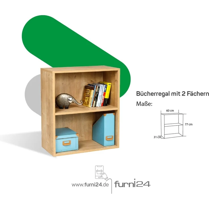 furni24 Breites Bücherregal mit 2 Fächern, Holzregal, Würfelregal, Aufbewahrungsregal, Saphir Eiche, 60 x 31 x 77h – Bild 2