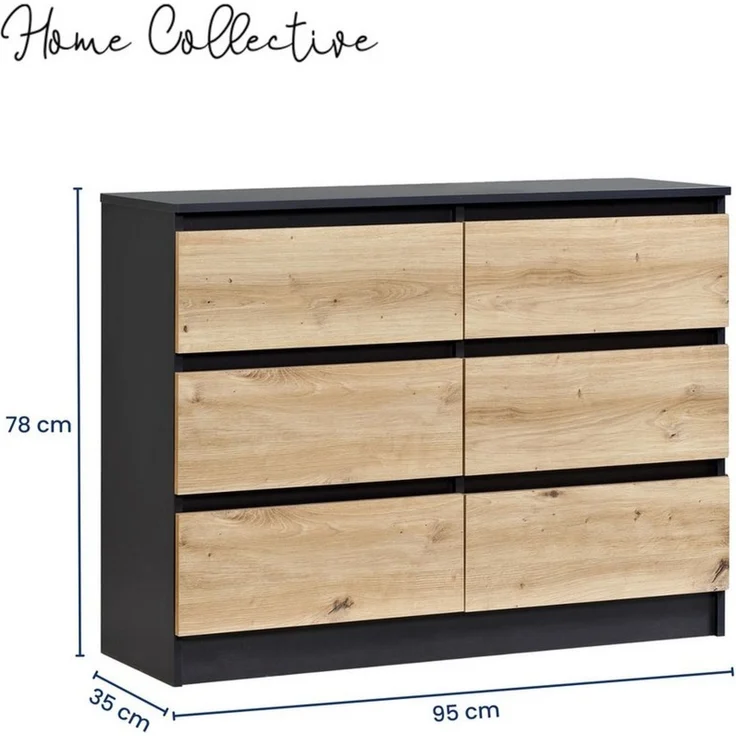 Home Collective Kommode mit 6 Schublade 80, 100, 120, 140 cm breit Holz Schrank (Highboard Anrichte Schlafzimmer Wohnzimmer Flur Büro Organizer), Kommode 120 cm breit Kommode Sideboard, Anthrazit mix Artisan-Eiche – Bild 2