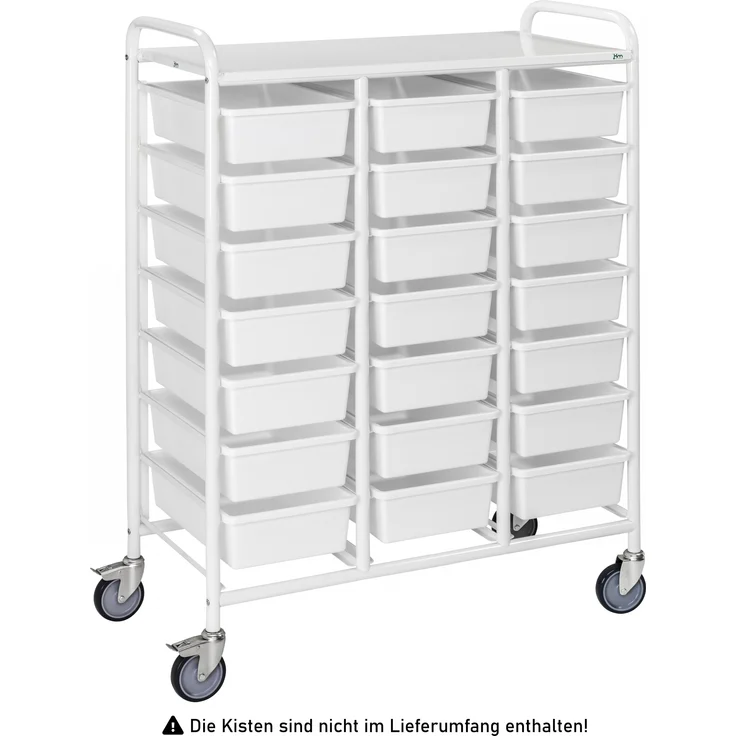 Kongamek Kisten- und Tablettwagen 950x420x1205mm in weiß mit 21 Böden und Bremse