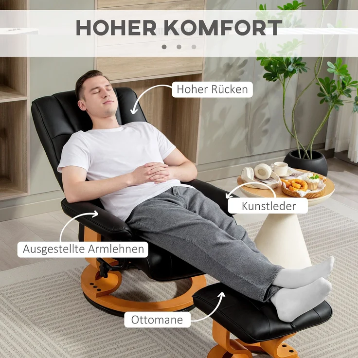 HOMCOM Relaxsessel mit Hocker, Kunstleder, Holz, Schwarz, 76L x 85B x 104H cm – Bild 6
