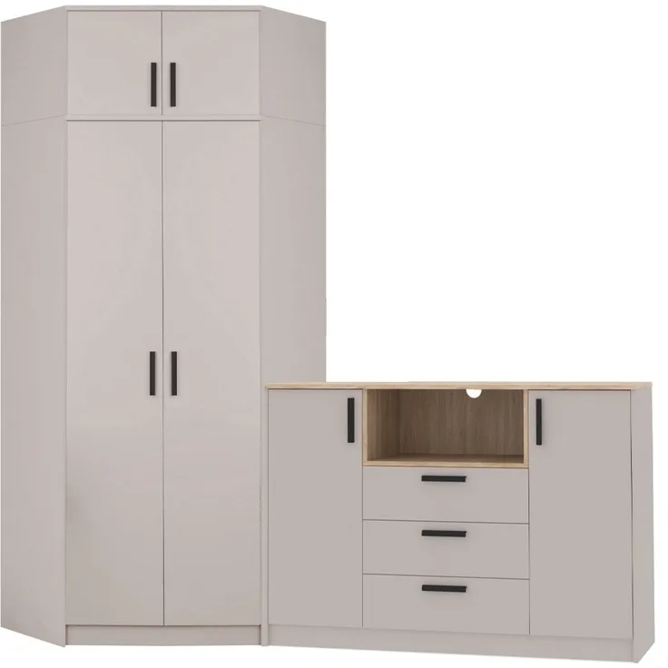 Marmex Möbel Grant Set-40C Hoher Eck-Kleiderschrank und Kommode, Schlafzimmer-Set, laminierte Spanplatte, graubeige cashmere+cremona torro 228/91x235x40 cm